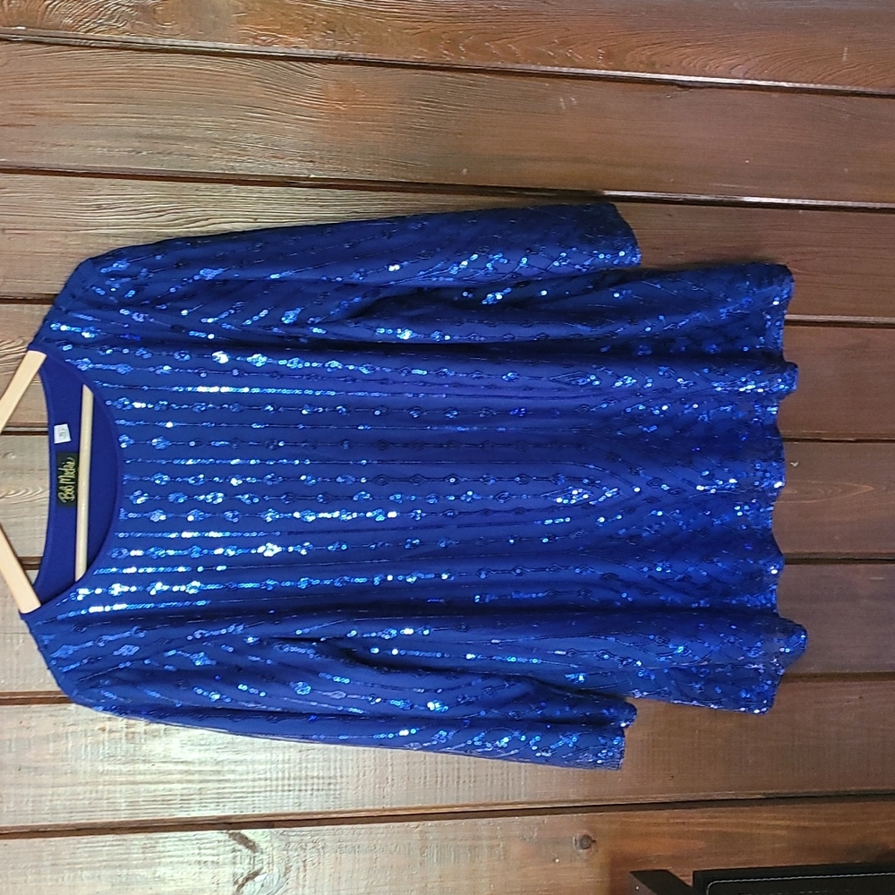 Bob Mackie wearable art royal blue  rhinestone blouse Size XL